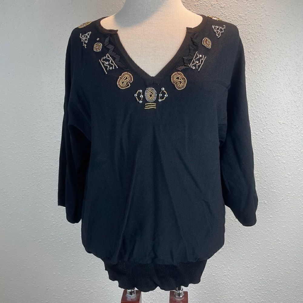 Multiples Black 3/4 Sleeve Beaded Blouse Top EUC